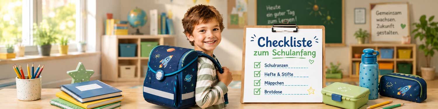 Kind mit Schulranzen und Checkliste zum Schulanfang