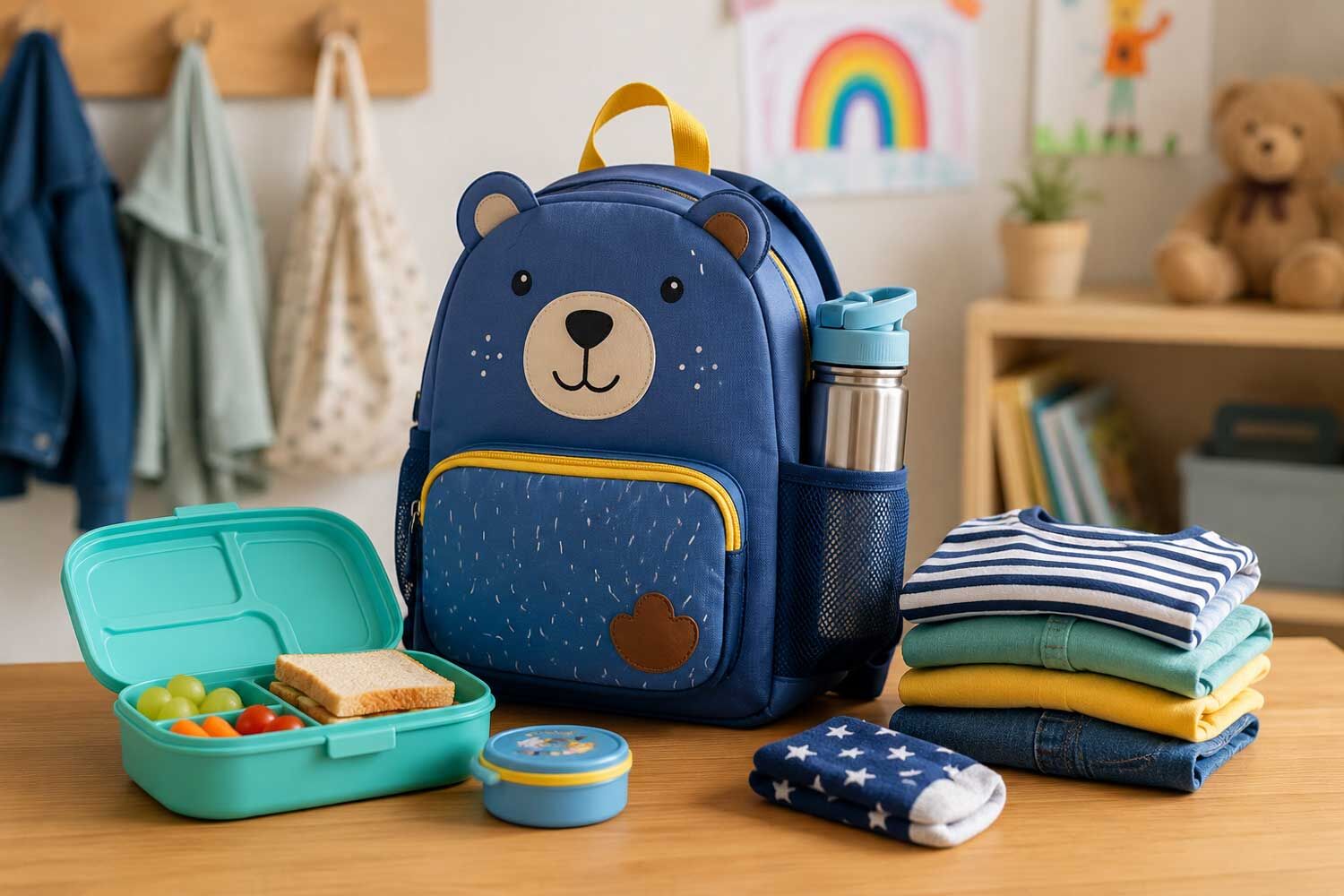 Kindergartenrucksack mit Brotdose Trinkflasche und Wechselkleidung