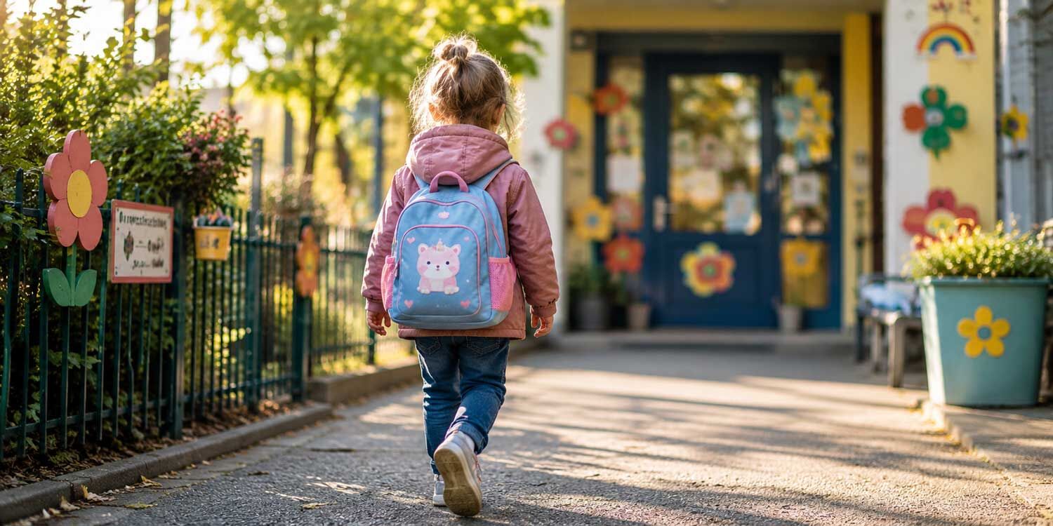 Kind mit Kindergartenrucksack auf dem Weg in die Kita