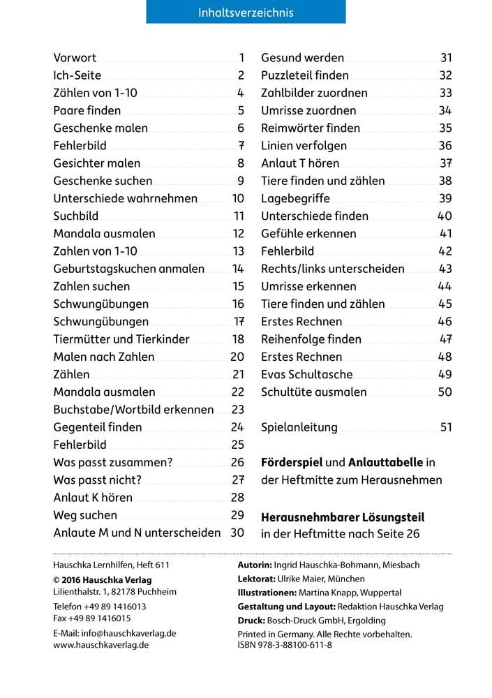 Hauschka Verlag 611 Vorschule - Schulreife fördern