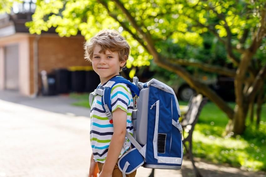 Mehrere Gurte und Riemen am Rucksack sorgen für einen guten Sitz und Gewichtsverteilung Schuljunge mit Ranzen