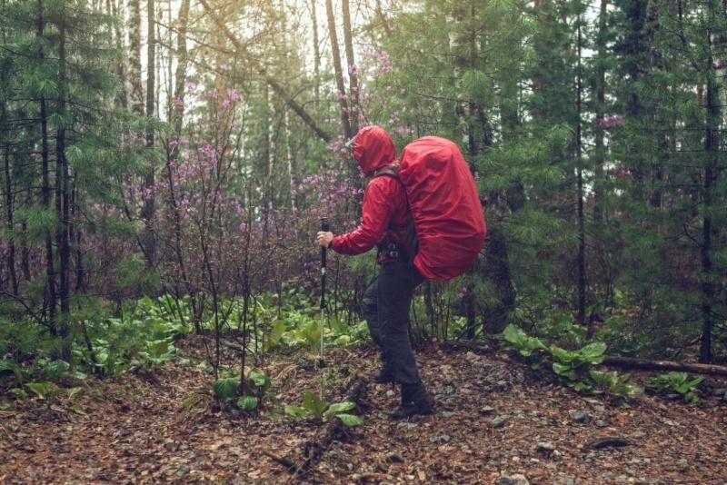 Regenhauben sind in der Regel auf spezielle Modelle ausgelegt - das sollte man beim Rucksack-Kauf mitbedenken Mann mit großem Rucksack im Wald - Wasserfester Rucksack durch rote Regenhaube